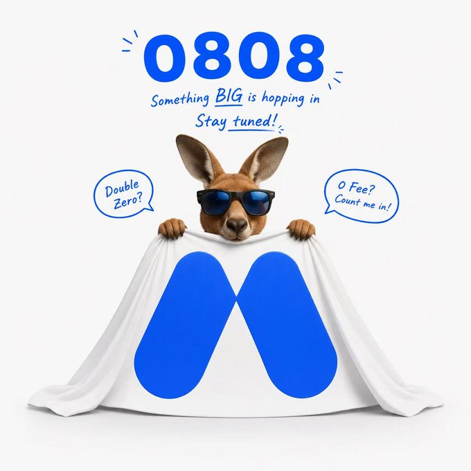 A promotional image featuring a kangaroo in sunglasses holding a white cloth to reveal a blue 'M' logo, with the text '0808', 'Something BIG is hopping in Stay tuned!', 'Double Zero!', and '0 Fee? Count me in!'.