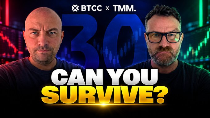 A thumbnail featuring two men with the text 'BTCC x TMM', '30', and 'CAN YOU SURVIVE?' against a stock chart background.