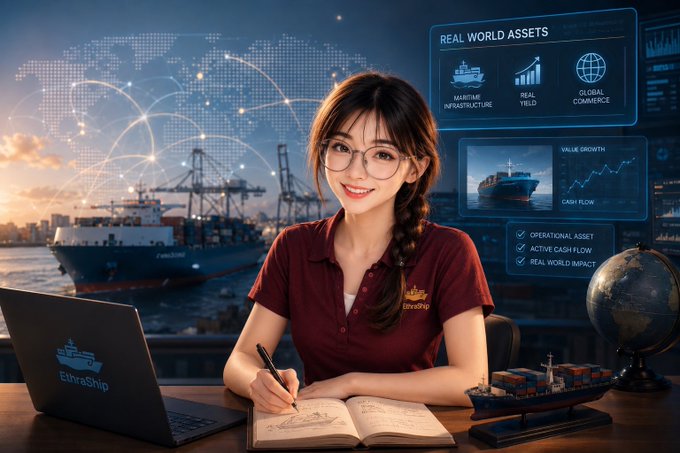 A digital illustration of a young woman with glasses writing in a notebook, with an 'EthraShip' laptop and shipping containers on her desk, set against a background featuring a cargo ship and holographic charts for 'Real World Assets' including Maritime Infrastructure, Real Yield, and Global Commerce.