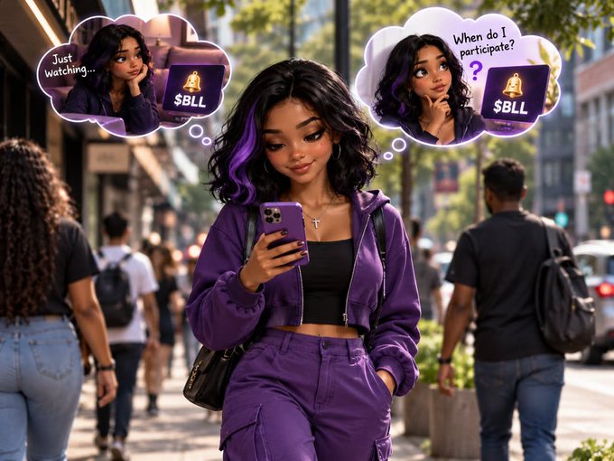 A stylized illustration of a woman in purple looking at her phone with thought bubbles showing '$BLL' coin references and text 'Just watching...' and 'When do I participate?'.