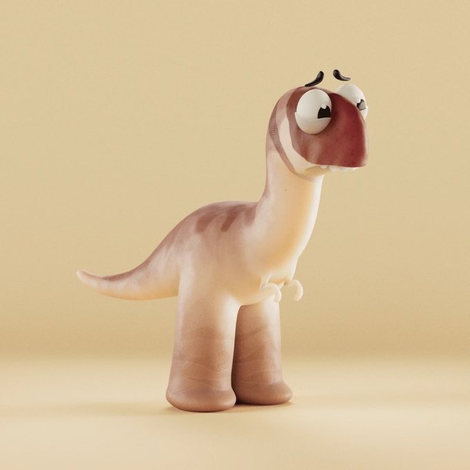 A cute 3D-rendered cartoon T-Rex figurine with large expressive eyes and brown/tan coloring, standing against a beige background.