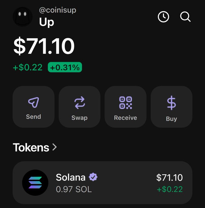 A crypto wallet app screenshot showing a balance of $71.10 (+$0.22, +0.31%) with 0.97 SOL displayed under the account "@coinisup," featuring Send, Swap, Receive, and Buy action buttons. The image supports the post's call to action for a "$1 to $1000 $SOL Challenge," visually demonstrating the starting amount participants would need to multiply significantly.