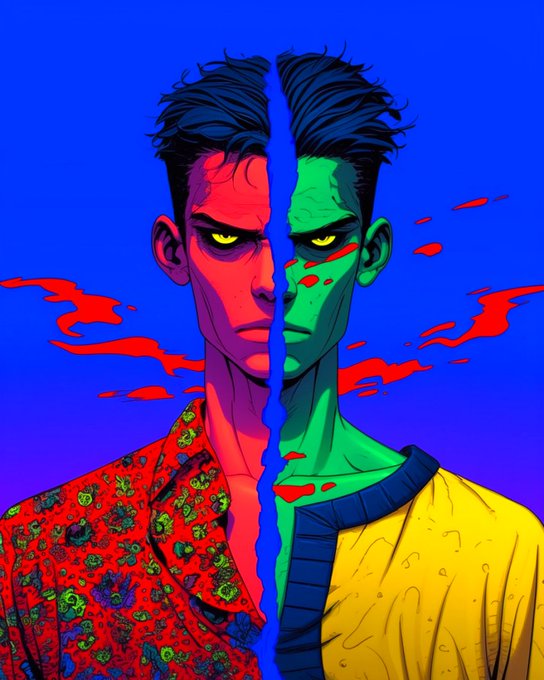 A stylized illustration of a man split down the middle against a blue sky, with the left side rendered in red tones and the right side in green tones, both halves featuring glowing yellow eyes.
