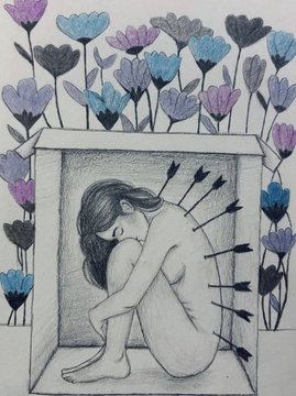 A pencil drawing depicts a curled-up figure trapped in a box with arrows piercing the back, surrounded by colorful flowers.