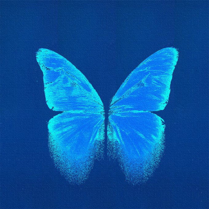 A painted depiction of a blue butterfly with textured wings centered on a solid dark blue background.