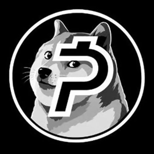 A circular black and white logo features a Shiba Inu dog's face overlaid with a large letter 'P' inside a white ring on a black background.