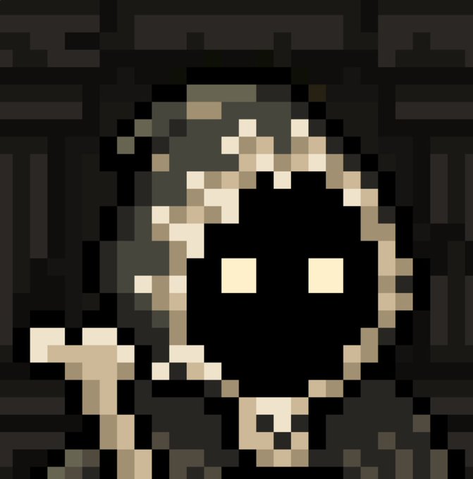 A pixel art character with glowing white eyes and a dark face, wearing dark armor with a skull emblem on the chest, set against a dark pixelated background.