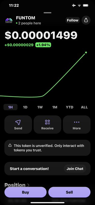A cryptocurrency app screenshot showing FUNTOM token at $0.000001499 (+1.94%) with an upward price chart, marked as unverified, with options to Send, Receive, Buy, and Sell.