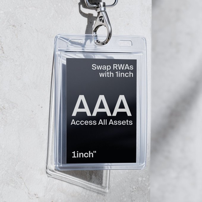 The image features a clear plastic lanyard with a silver metal ring hanging from it, which has a tag attached that reads "Swap RWAAs with 1inch". The tag also includes text stating "Access All Assets" and "DeFi Tokenization". This suggests that the lanyard is likely used for an event or gathering related to cryptocurrency or blockchain technology.