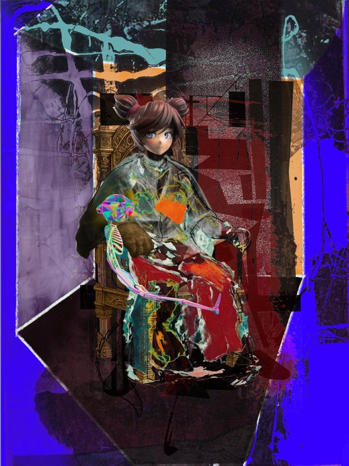 An artistic illustration of an anime-style girl with dark hair in buns sitting on an ornate golden throne, rendered with a colorful, glitchy, abstract mixed-media aesthetic on a purple background.