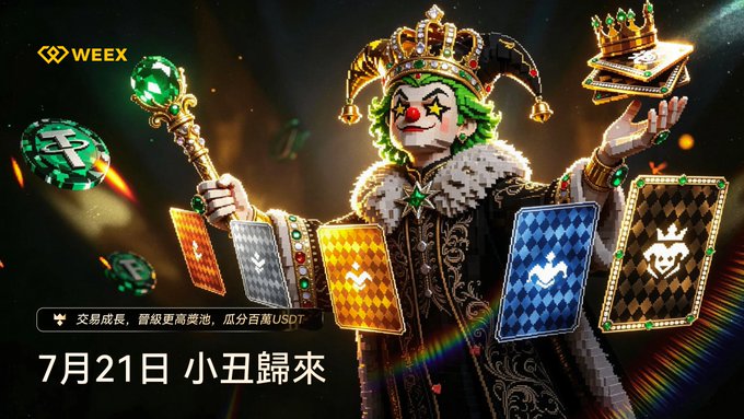 A regal jester character wearing a jeweled crown and fur-trimmed robe holds a scepter and cards, surrounded by floating playing cards and green gem tokens, promoting the "WEEX" crypto trading platform's "Joker Returns" event on July 21st, with Chinese text offering a 100 USDT trading bonus for new members.