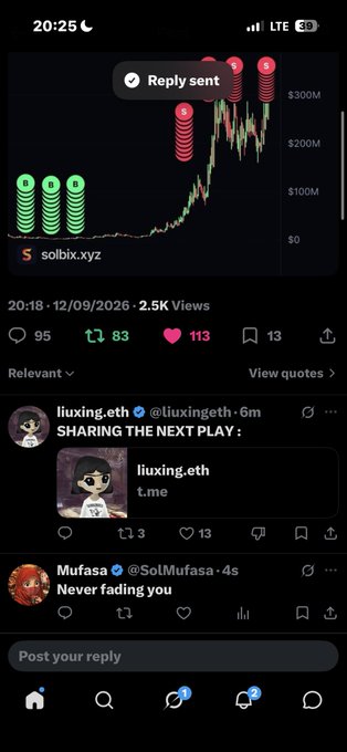 A mobile screenshot of an X/Twitter post showing the same $AI trading chart, with a reply sent notification and comments from users including @liuxing.eth.