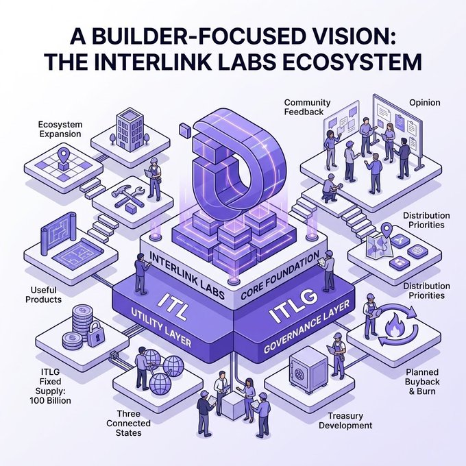 An isometric diagram titled "A BUILDER-FOCUSED VISION: THE INTERLINK LABS ECOSYSTEM" illustrates the ITL and ITLG framework, featuring a central 3D logo atop two foundation blocks labeled "INTERLINK LABS" and "CORE FOUNDATION," surrounded by interconnected platform layers showing Utility and Governance functions. Key elements include "ITLG Fixed Supply: 100 Billion," "Ecosystem Expansion," "Useful Products," "Three Connected States," "Treasury Development," "Planned Buyback & Burn," "Community Feedback," "Opinion," and "Distribution Priorities."

The image visually reinforces the post's description of InterLink Labs' builder-focused approach by mapping out how the ITL utility layer and ITLG governance layer (with its fixed 100 billion supply) support ecosystem expansion, useful product development, and treasury management.