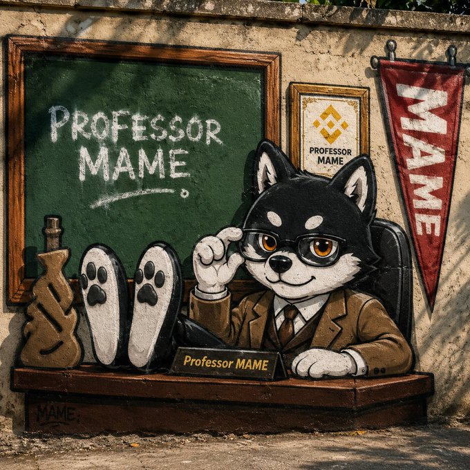 The image features a cartoon dog sitting at a desk with a chalkboard behind him that says "Professor MAME" written on it. The dog appears to be wearing glasses and has its paw raised, as if posing for a picture or giving an explanation. The scene is set against a wall adorned with various posters, including one that reads "MAME". The overall atmosphere of the image suggests a playful and creative approach to art, possibly inspired by the concept of Professor Mame being a character from a cartoon series or a character created specifically for this mural.