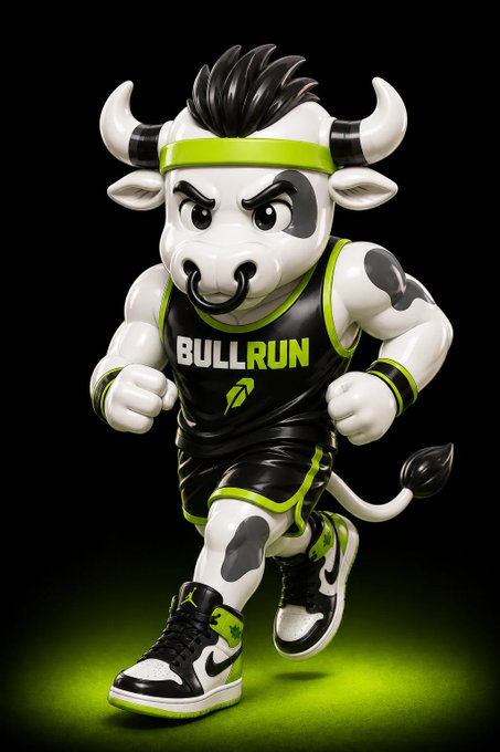A cartoon bull mascot wearing a headband, jersey, and sneakers strikes a dynamic running pose. The jersey prominently displays the text "BULLRUN," visually personifying the energetic, fast-paced crypto game introduced in the post.