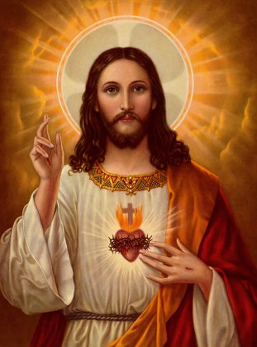 A traditional Catholic depiction of the Sacred Heart of Jesus, showing Christ with a halo, raised right hand in blessing, and a flaming heart crowned with thorns and a cross on his chest—visually mirroring the post's joke about a "Bonk guy" character being "killed" in a prior cycle and now "resurrected," likening the meme coin's return to Christ's resurrection.