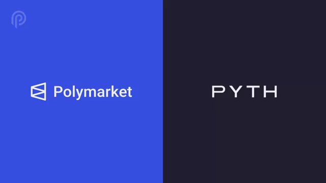 The image features two logos side by side with the text "Pyth" written below them, one blue and one black. The blue logo displays a white "P" above the word "Polymarket", while the black logo has a white "P" on top of the word "Pyth". Both logos are in a serif font style.