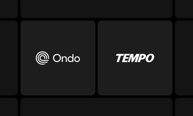 The image displays the logos of "Ondo" (with a spiral/concentric circle icon) on the left and "TEMPO" in bold text on the right, set against a dark gridded background. This visual pairs the two brands being discussed in the announcement—illustrating Ondo's USDY integration with Tempo, the payments-focused Layer 1 blockchain.