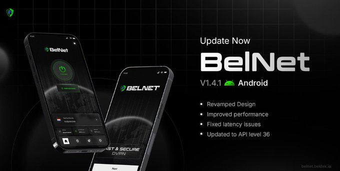 Promotional banner for a software update to 'BelNet' V1.4.1 for Android, highlighting a 'Revamped Design,' improved performance, fixed latency issues, and an update to API level 36, displayed next to two smartphones.