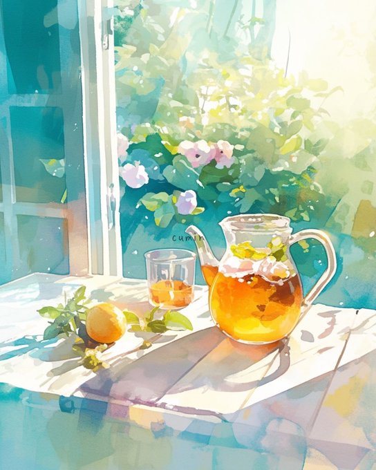 The image features a painting of a tea set with a teapot, cup, and glass filled with tea sitting on a table near a window. The scene includes a vase full of flowers as well, adding an artistic touch to the composition. The painting is titled "tea lemon" in the caption, which suggests that it might be inspired by the theme of tea or lemonade.