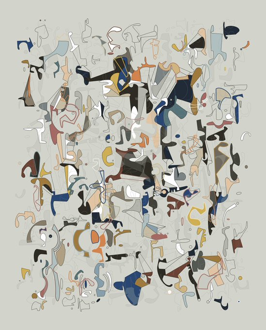 An abstract artwork composed of densely layered, fragmented shapes in muted tones of blue, orange, black, and beige scattered across a pale background.