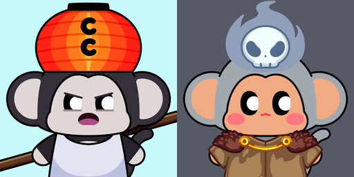 The image displays two cartoon monkey NFT characters side by side, with a grumpy-looking gray monkey wearing a red Japanese-style hat (resembling "Hanjirou") on the left and a cheerful monkey with a ghost-shaped crown and brown cape (resembling "Kyuuhachirou") on the right, directly illustrating the two Chimpers NFTs purchased in the post.