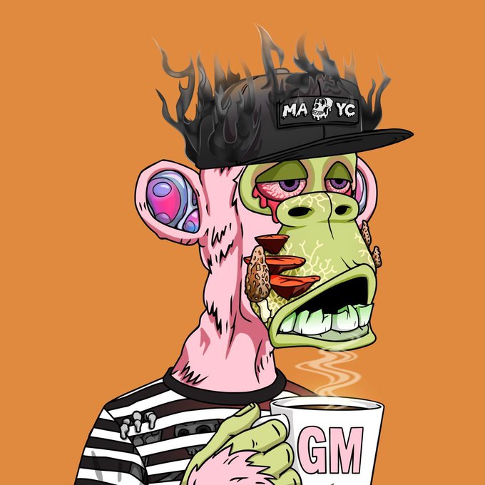 A cartoon illustration of a pink-skinned character wearing a flaming black cap labeled 'MAYC' and holding a steaming mug marked 'GM'.