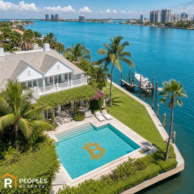 Aerial photograph of a luxurious waterfront estate with a private pool featuring a Bitcoin logo, boat dock, palm trees, and a view of a city skyline, watermarked 'Peoples Reserve'.