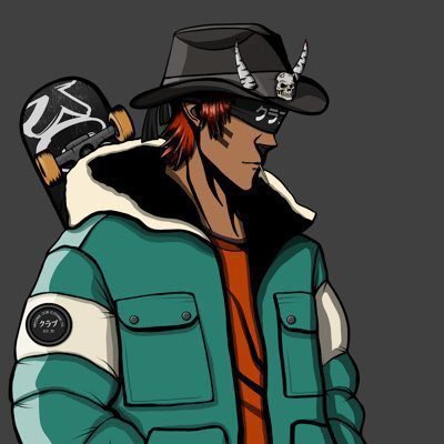 An anime-style illustration of a character with red hair, dark skin, and sunglasses, wearing a teal puffer jacket with fur collar and a black cowboy hat with skull details.
