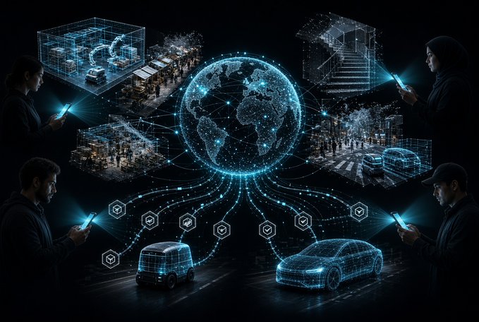 A digital illustration showing a glowing holographic globe connected to wireframe cars, buildings, and smartphones held by hooded figures, symbolizing global connectivity and cybersecurity threats.