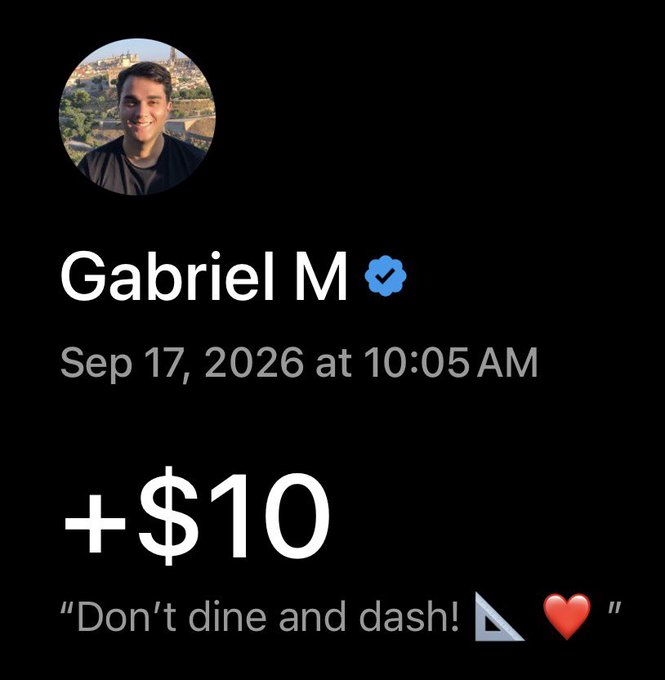 A notification from Gabriel M, dated Sep 17, 2026, showing a +$10 contribution to the "DinerDash2026" adventure via XMoney, with the caption "Don't dine and dash!" accompanied by a right triangle and red heart emojis.