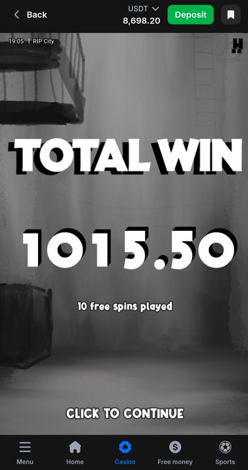 The image shows a casino app screen displaying a "TOTAL WIN" of 1015.50 from "10 free spins played" on the slot game "Rip City," with a USDT balance of 8,698.20 at the top. This matches the post's claim of a successful $1 spin win, as the screenshot documents the big payout from the free spins round.