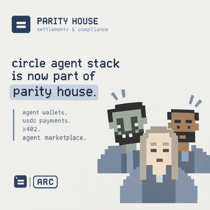 An announcement graphic for 'PARITY HOUSE settlements & compliance' states 'circle agent stack is now part of parity house' featuring pixel art characters and listing 'agent wallets, USDC payments, x402, agent marketplace' with an 'ARC' logo.
