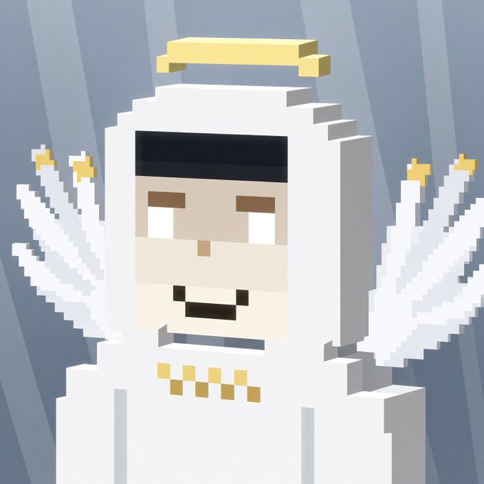 A pixel-art style illustration of an angelic figure with white wings and a golden halo wearing white robes.
