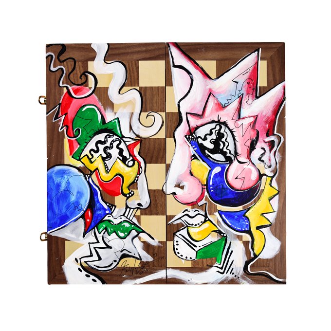 An abstract painting featuring colorful, distorted character-like faces in red, blue, yellow, and green on a checkered wood-patterned background.