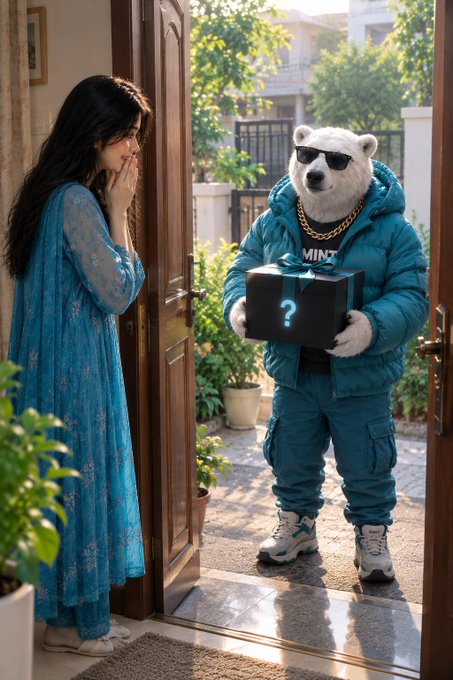 A surreal scene of a polar bear wearing sunglasses, a gold chain, and a blue tracksuit, holding a black gift box with a glowing blue question mark, standing at a doorway as a woman in a blue dress looks on in surprise.