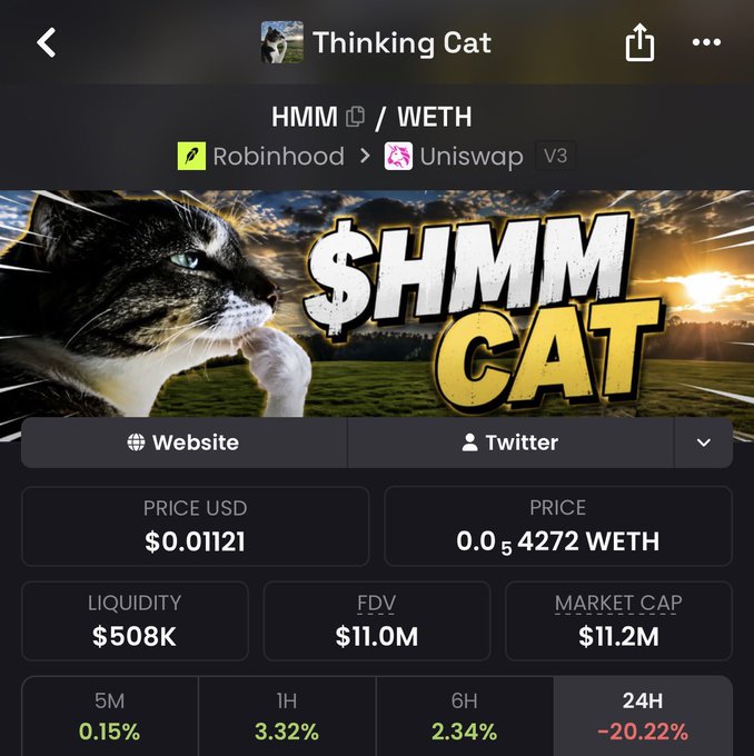 A cryptocurrency tracking page displays 'Thinking Cat' (HMM/WETH) with a price of $0.01121, liquidity of $508K, and a market cap of $11.2M, showing a 24H decline of -20.22%.