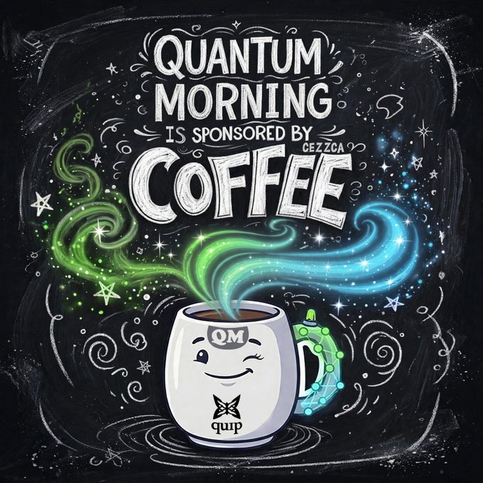 A chalkboard-style graphic advertises "QUANTUM MORNING IS SPONSORED BY CEZZCA COFFEE", featuring a smiling mug labeled "QM quip" with colorful steam.