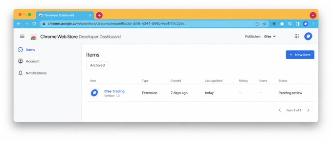 A screenshot of the Chrome Web Store Developer Dashboard showing an archived extension called '0fee Trading' Version 1.0, submitted 7 days ago with a 'Pending review' status.