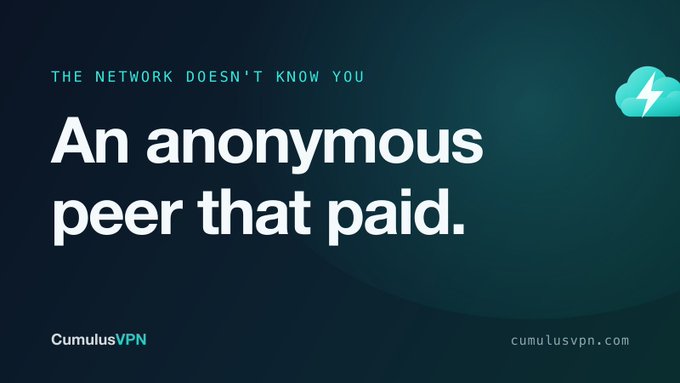 A CumulusVPN advertisement displaying the text 'THE NETWORK DOESN'T KNOW YOU' and 'An anonymous peer that paid.' on a dark blue background.