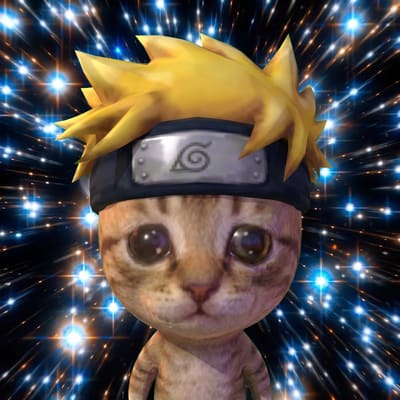 A digitally edited image shows a cute kitten with large eyes wearing a spiky blonde wig and a headband resembling Naruto's Hidden Leaf Village protector.