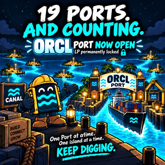 A vibrant nighttime illustration shows a cheerful mascot character in a hard hat standing at a bustling dock, with text reading "19 PORTS. AND COUNTING. ORCL PORT NOW OPEN, LP permanently locked" alongside a cargo ship at the ORCL port entrance and crates labeled "BUILD CONNECT GROW." The image visually celebrates CANAL's milestone of connecting 19 Stock Ports, highlighting the newly opened ORCL port as part of the network's ongoing expansion.