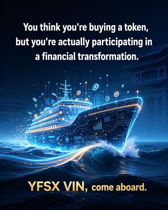A cryptocurrency promotional image showing a glowing digital cruise ship on water, with text reading 'You think you're buying a token, but you're actually participating in a financial transformation.' and 'YFSX VIN, come aboard.'