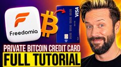 The image is a YouTube thumbnail titled "FREEDOMIA PRIVATE BITCOIN CREDIT CARD FULL TUTORIAL," featuring the orange Freedomia logo, a Bitcoin symbol next to a Visa card, and a bearded man with the caption referencing Freedomia's functionality on the London Tube, aligning with the post's shoutout.