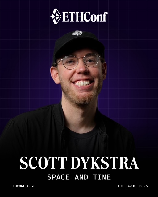 The image features a man wearing glasses and a baseball cap smiling at the camera. The background of the image is purple with white squares, giving it an artistic and visually appealing look. The caption below the photo reads "Today: Don'T miss Space and Time Co-Founder @chiefbuidl on the main stage at @ethconf - June 8th - 2pm". This suggests that the man in the image is attending a conference or event related to space exploration, technology, or time travel.