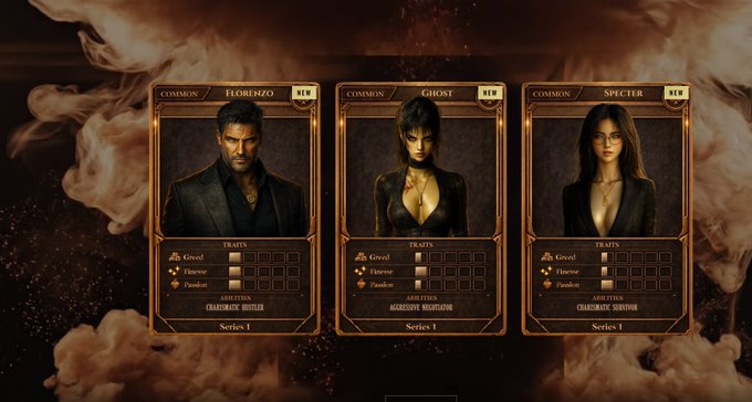 Trading card display for three characters—Florenzo, Ghost, and Specter—all marked as "COMMON" with "NOX" tags, showing traits for Greed, Finesse, and Passion.