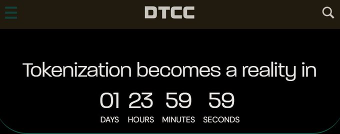 DTCC webpage header with a countdown timer reading 'Tokenization becomes a reality in 01 Days 23 Hours 59 Minutes 59 Seconds.'