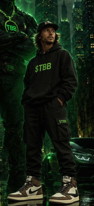 A man wearing a black "$TBB" hoodie, cargo pants, and a cap stands in front of a glowing green cityscape featuring a Lamborghini, with the bold "$TBB" branding on his apparel mirroring the post's rallying cry to send the ticker soaring, complemented by his stylish Travis Scott sneakers.