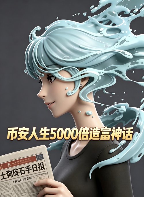The image features a cartoon girl with blue hair, holding a newspaper as she looks at it. The background of the image is black, which contrasts with her vibrant blue hair. The text "500000" can be seen in the image, possibly indicating an advertisement or promotion related to the newspaper being held by the girl.