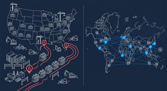 The image presents two contrasting maps: on the left, a US map illustrating the data center construction landscape with cranes, warehouses, and warning icons highlighting delays in transformer supply chains stretching out from key manufacturing hubs; on the right, a world map shows Filecoin's distributed network of operational nodes connected by glowing lines, emphasizing its active global presence. Together, the visuals underscore the post's point that while traditional US data center capacity faces severe transformer bottlenecks pushing timelines to 5 years, Filecoin's decentralized infrastructure is already live and unaffected by these supply chain constraints.